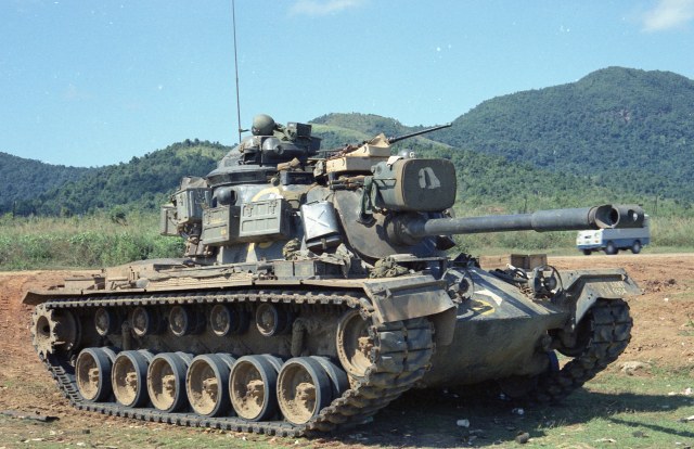 Tank 35, C-1-69 Armor, on strongpoint, Hwy 1 near LZ Uplift, late 1968.jpg