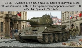 Т-34-85.Омского 174 з-да.с башней раннего  выпуска 1944г. 63 Челябинской ГвТБ.10 Гв.Уральского Добровольческого Т.К. 4 Гв.ТА. 9.05.1945г