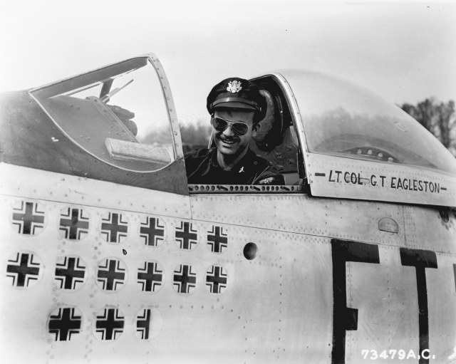 Lt. Col. Glenn T. Eagleston, 3133 Poplar Blvd., Alhambra, CA, one of the leading 9th AF aces, in his North American P-51 Mustang Feeble Eagle 44-63607 at an advanced base in Ober Olm, Germany on 7 April 1944.jpg