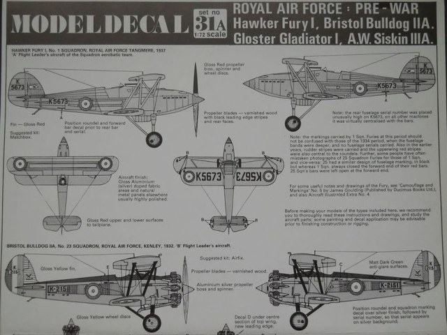 Royal Air Force: Pre-War. Hawker Fury I, Bristol Bulldog IIA, Gloster Gladiator I, A.W. Siskin IIIA.