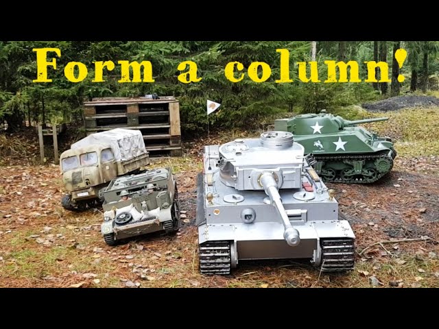 Form a column! Huge RC tanks roaming through the woods.